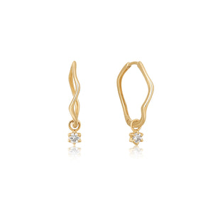 14kt Gold White Sapphire Drop Mini Wave Hoop Earrings